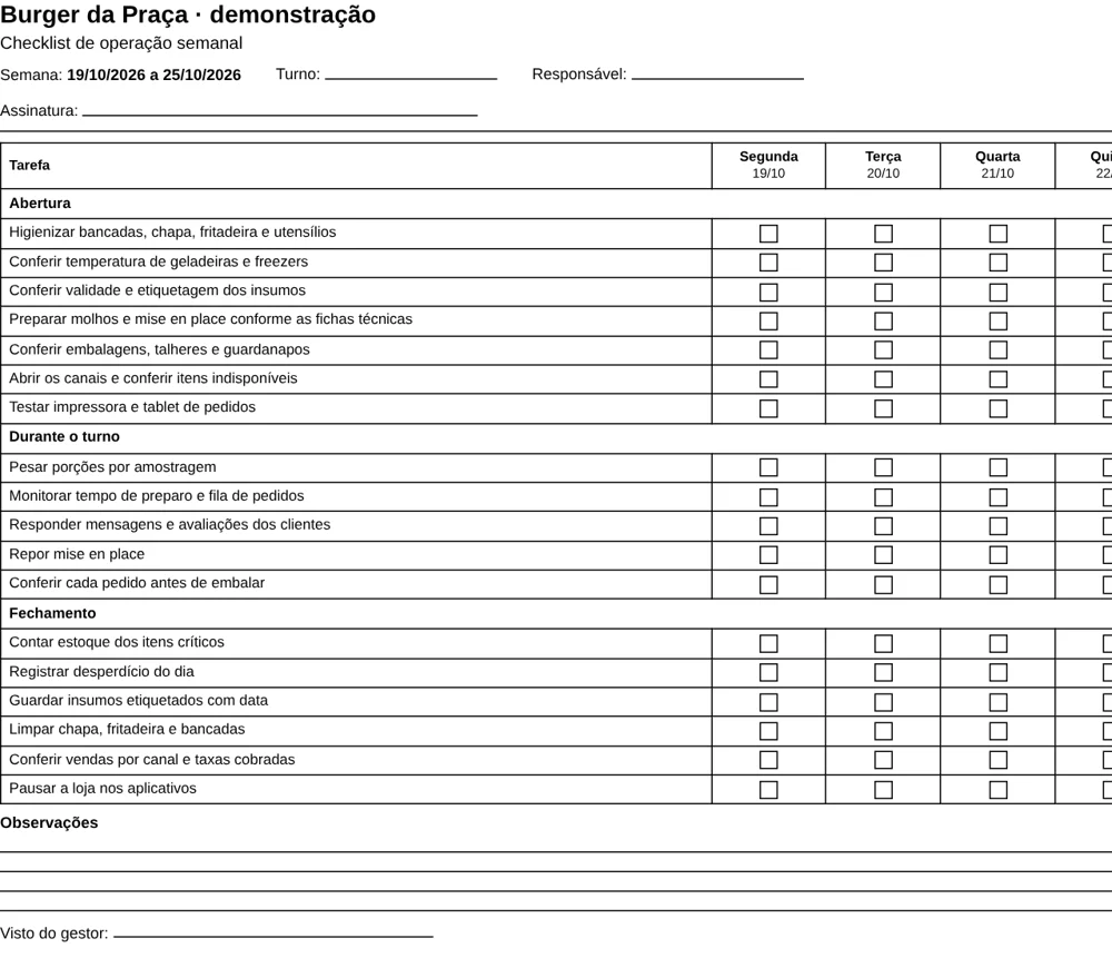 Checklist semanal impresso