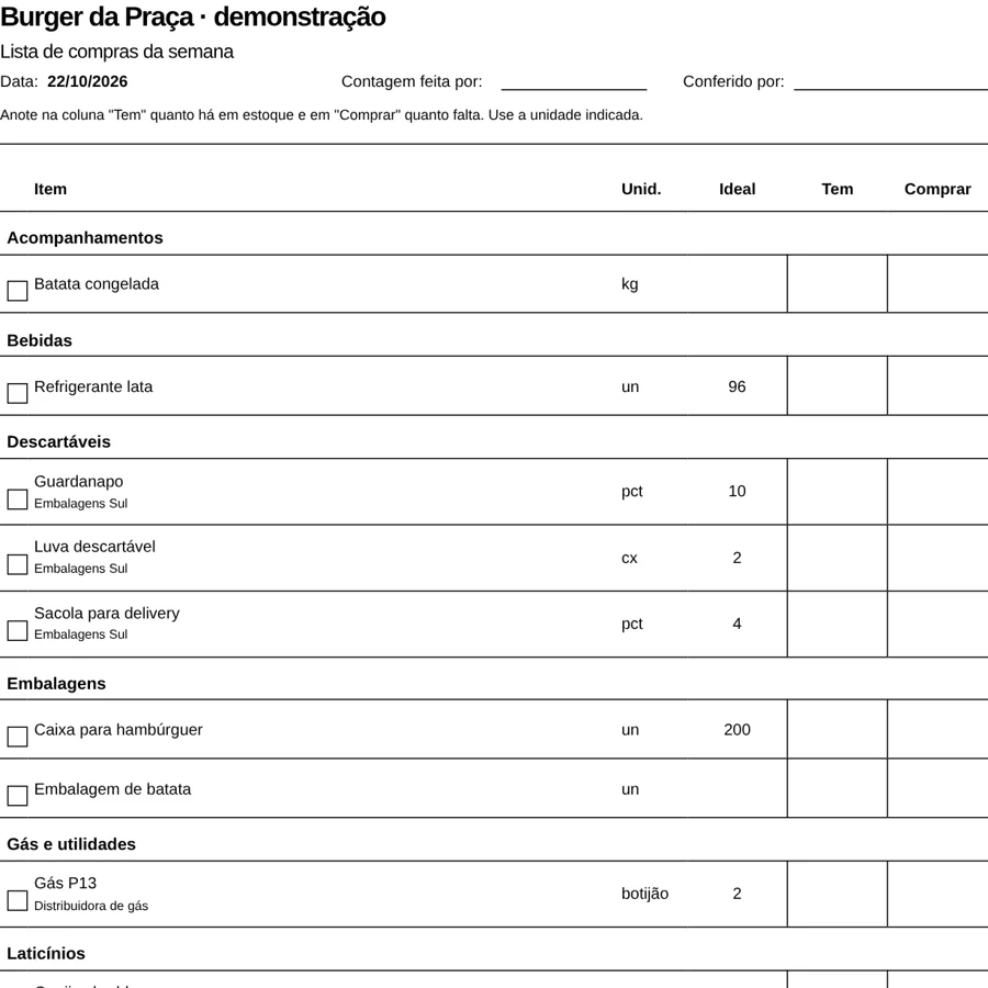 Folha impressa da lista de compras da semana