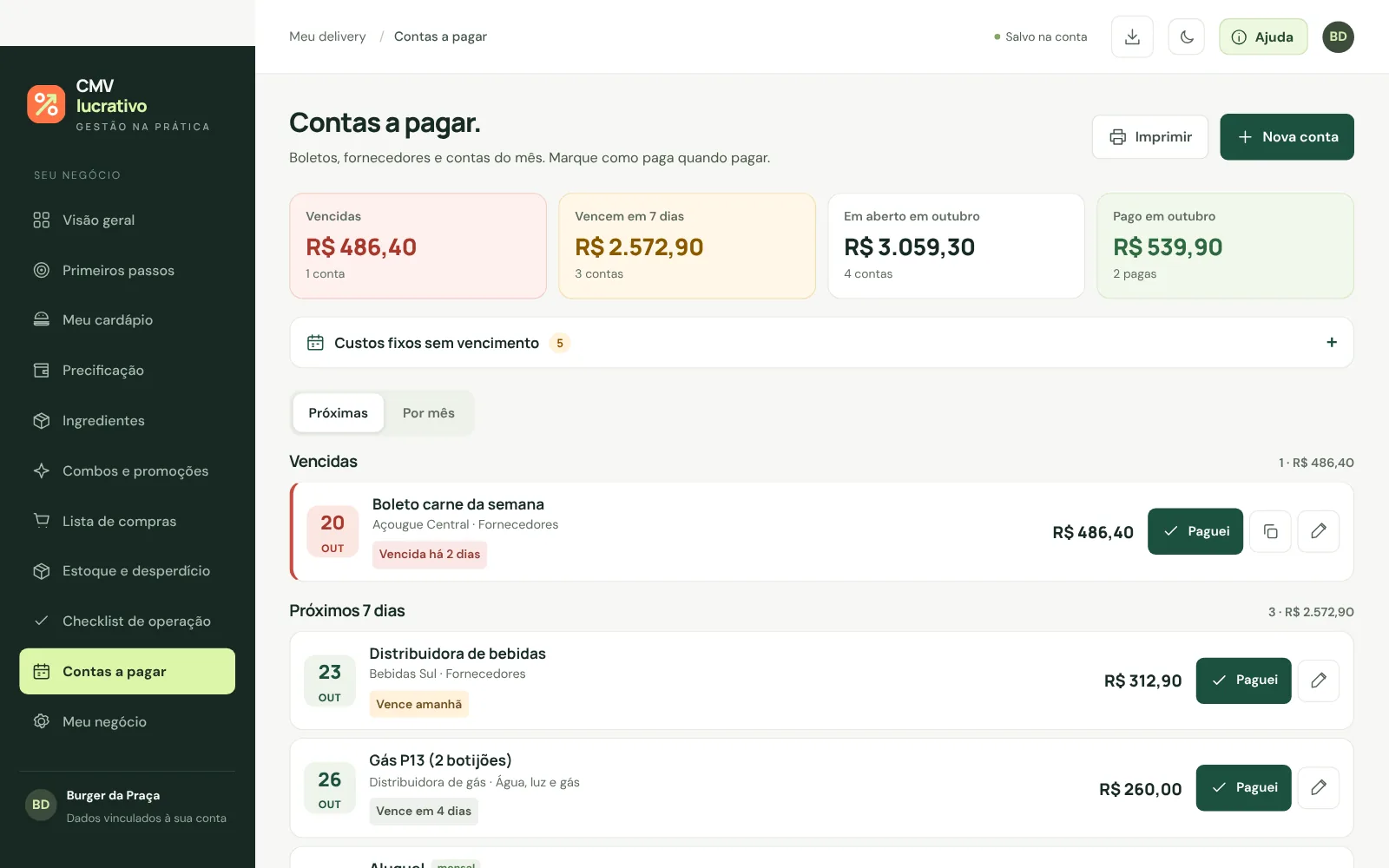 Tela de contas a pagar com vencidas e próximas