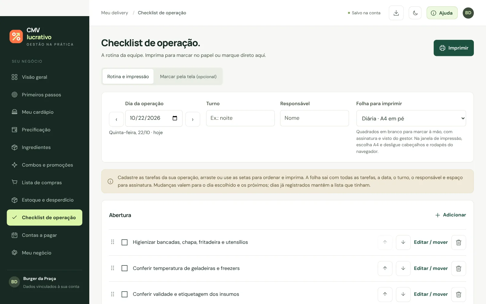 Checklist de operação
