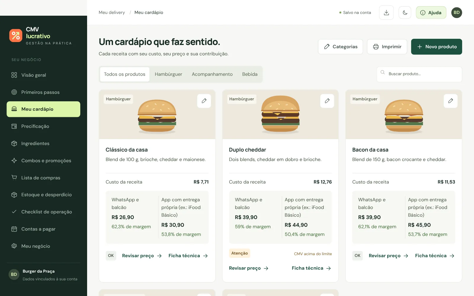 Cardápio com fichas técnicas e custos