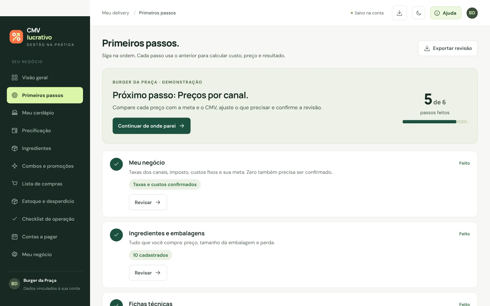 Tela de primeiros passos